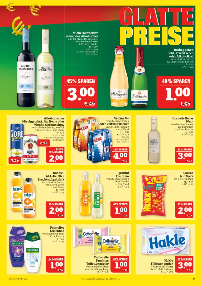 Aktueller Prospekt Marktkauf - Prospekt - von 22.06 bis 28.06.2025 - strona 9 - produkty: alkohol, Bad, cottonelle, duschbad, ecco, elle, feuchtes toilettenpapier, flasche, frucht, fruchtsaft, fruchtsaftgetränk, fruchtsecco, getränk, Gorbatschow, hakle, hakle toilettenpapier, Hohes C, jim beam, limo, lorenz, Michel Schneider, nic nac's, olive, palmolive, papier, pils, pilsener, rotkäppchen, rum, saft, sekt, Ti, toilettenpapier, veltins, veltins pilsener, wein, wodka