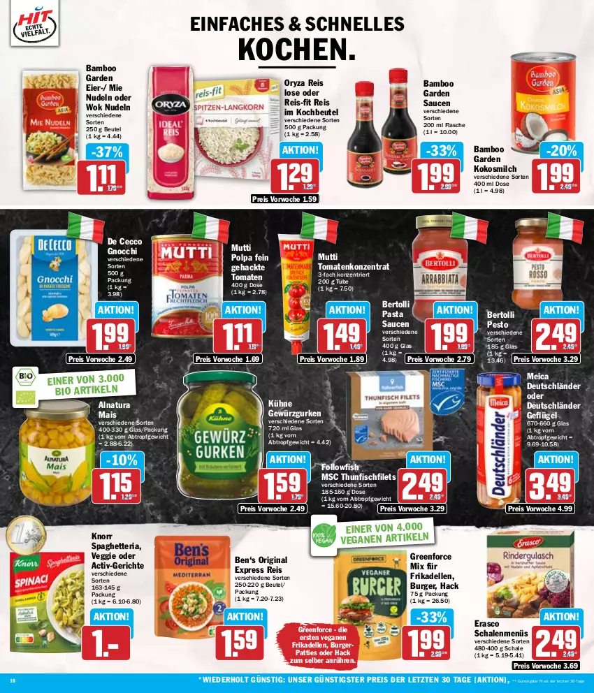 Aktueller Prospekt Hit - Wochenprospekt - von 12.08 bis 17.08.2024 - strona 10 - produkty: bamboo, bertolli, beutel, bio, burger, De Cecco, dell, ecco, eier, eis, elle, erasco, filet, filets, fisch, flasche, followfish, frikadellen, Geflügel, gewürz, Gewürzgurke, gewürzgurken, gin, gnocchi, gurke, gurken, knorr, kochbeutel, kokos, kokosmilch, Kühne, mais, meica, milch, Mutti, natur, natura, nudel, nudeln, oryza, pasta, Pasta Sauce, pesto, reis, reis-fit, Ria, sauce, saucen, Schal, Schale, thunfisch, Ti, tomate, tomaten, veggie, wok, ZTE