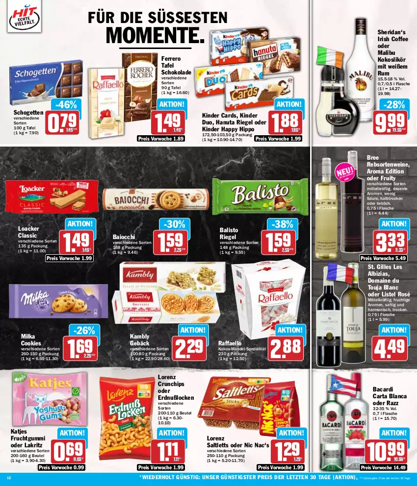 Aktueller Prospekt Hit - Wochenprospekt - von 12.08 bis 17.08.2024 - strona 12 - produkty: bacardi, balisto, beutel, bree, chips, cookie, cookies, crunchips, eis, ente, ferrero, flasche, frucht, fruchtgummi, hanuta, hipp, katjes, Kinder, kokos, Lakritz, likör, lorenz, lorenz crunchips, Malibu, mandel, milka, oder lakritz, raffaello, rebsortenweine, reis, riegel, rum, saft, saltletts, schogetten, schoko, schokolade, Spezi, Ti, wein, weine, ZTE