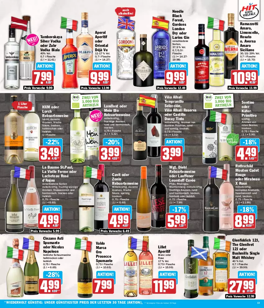 Aktueller Prospekt Hit - Wochenprospekt - von 12.08 bis 17.08.2024 - strona 13 - produkty: alkohol, amaro, aperitif, aperol, asti, averna, Bau, beere, beeren, bio, black forest, cin, cinzano, Cinzano Asti, cola, cuvée, ecco, eis, elle, ente, finesse, flasche, frucht, früchte, früchten, gin, gordon, gordons, käfer, lack, lillet, limo, london dry, primitivo, prosecco, puma, rama, ramazzott, ramazzotti, rebsortenweine, reis, rosato, rouge, single malt, spumante, tempranillo, Ti, valdo, vodka, wein, weine, whiskey, zonin, zott, ZTE