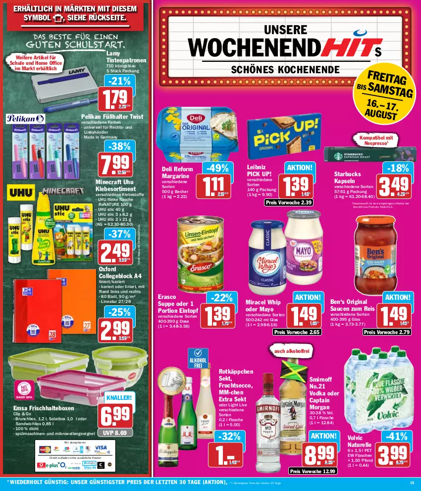 Aktueller Prospekt Hit - Wochenprospekt - von 12.08 bis 17.08.2024 - strona 15 - produkty: alkohol, Becher, Cap, captain morgan, collegeblock, deli reform, ecco, eintopf, eis, elle, emsa, erasco, espresso, flasche, Flinke Flasche, frucht, fruchtsecco, Füllhalter, Germ, gin, leibniz, margarine, mikrowelle, miracel, miracel whip, natur, nespresso, nestlé, office, pelikan, Pick Up!, reis, rel, rotkäppchen, salat, sandwich, sauce, saucen, sekt, smirnoff, spülmaschinen, starbucks, suppe, Ti, Tiere, Tintenpatrone, topf, uhu, vodka, volvic, Yo, ZTE