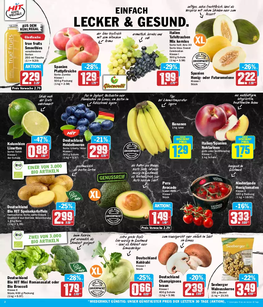 Aktueller Prospekt Hit - Wochenprospekt - von 12.08 bis 17.08.2024 - strona 2 - produkty: auer, aufstrich, aus dem kühlregal, avocado, banane, bananen, Bau, beere, beeren, Berger, berliner, beutel, bio, bio hit, braun, broccoli, brot, brotaufstrich, butter, champignon, champignons, champignons braun, dessert, discount, eis, elle, flasche, fleisch, frucht, fruchtfleisch, glasflasche, heidelbeere, heidelbeeren, honig, Honigtomaten, ilag, joghur, joghurt, kartoffel, kartoffeln, kohlrabi, kuchen, kühlregal, kühlschrank, LG, limette, limetten, mac, melone, Mett, metten, Nektar, nektarinen, nudel, Nudelgericht, nuss, obst, pasta, Pfannkuchen, pfirsich, pfirsiche, plattpfirsiche, regal, reis, Romanasalat, saft, salat, salate, Schal, Schale, schinken, Schrank, seeberger, smoothie, smoothies, speisekartoffeln, tafeltrauben, Ti, tisch, tomate, tomaten, trauben, true fruits, vorspeise, walnuss, walnusskerne, ZTE