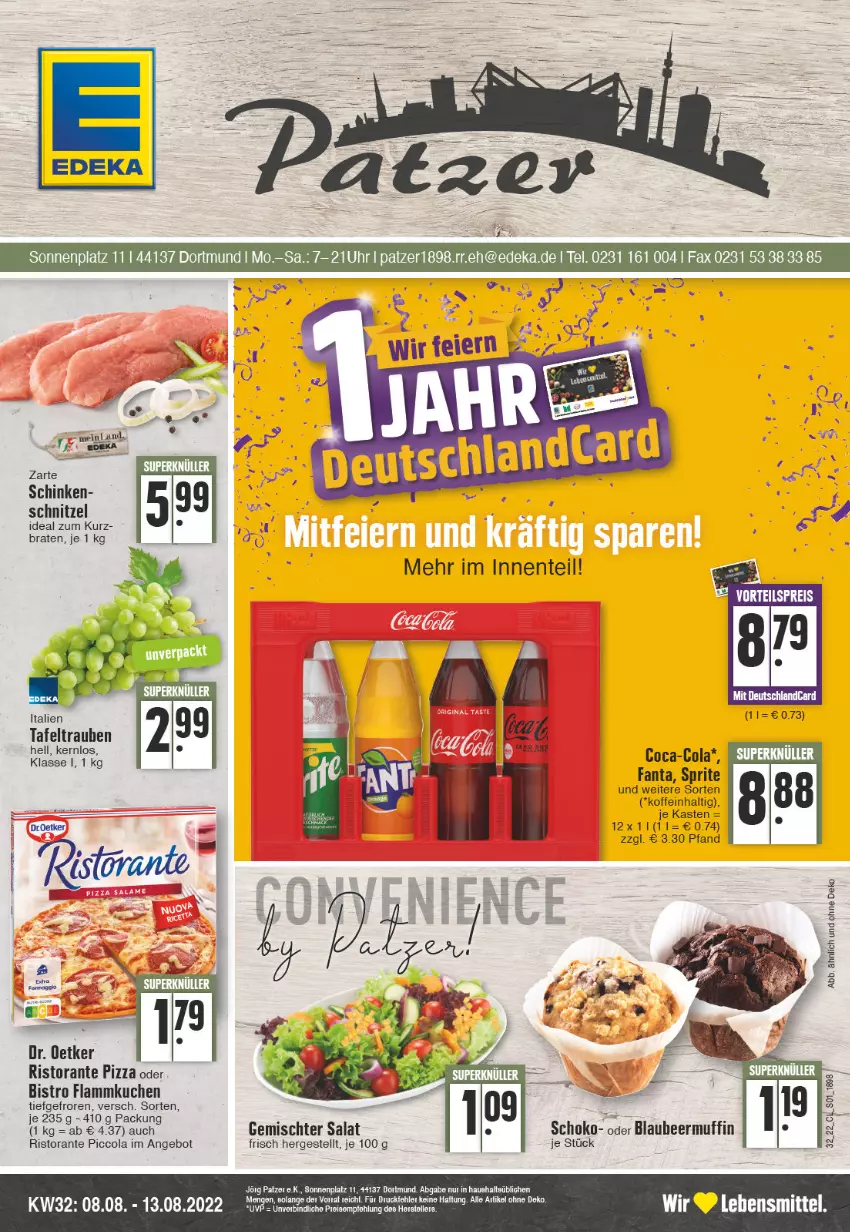 Aktueller Prospekt Edeka - Angebote der Woche - von 08.08 bis 13.08.2022 - strona 1 - produkty: angebot, Blaubeer, braten, cola, droetker, fanta, flammkuchen, kuchen, lamm, lebensmittel, Muffin, pizza, ristorante, ristorante pizza, salat, schnitzel, schoko, sprite, tafeltrauben, Ti, trauben, veet