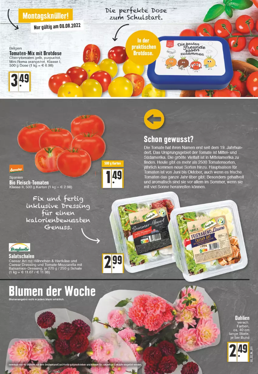 Aktueller Prospekt Edeka - Angebote der Woche - von 08.08 bis 13.08.2022 - strona 11 - produkty: angebot, balsam, balsamico, bio, blume, blumen, brot, Brotdose, cherrytomaten, dahlie, dressing, eis, fleisch, hartkäse, Heu, Käse, LG, mozzarella, orange, reifen, rel, salat, Schal, Schale, Ti, tisch, tomate, tomaten