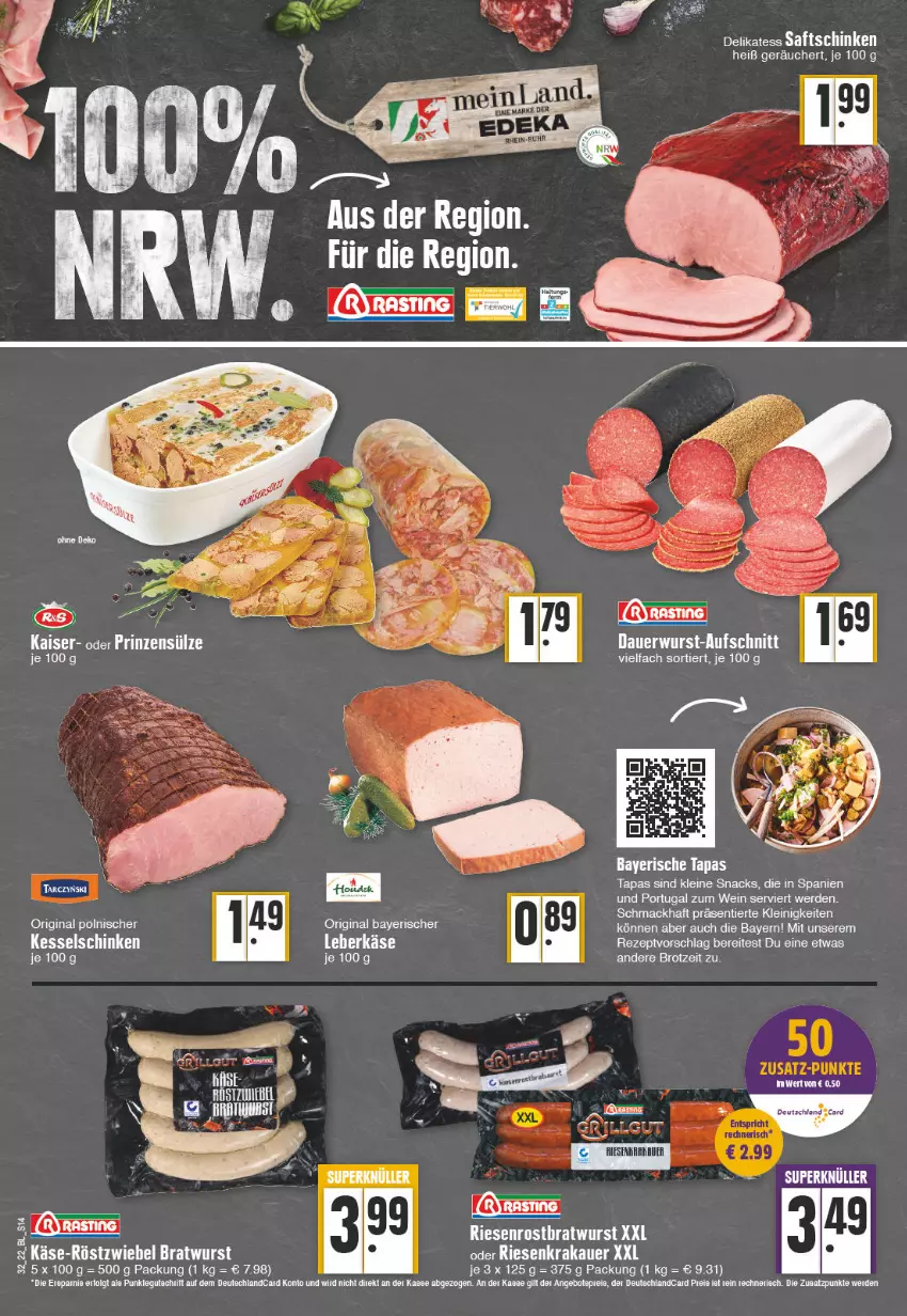 Aktueller Prospekt Edeka - Angebote der Woche - von 08.08 bis 13.08.2022 - strona 14 - produkty: auer, aufschnitt, bratwurst, brot, deutschland card, erde, gin, Käse, leine, LG, mac, rezept, rostbratwurst, snack, snacks, Tapas, tee, Ti, wein, wurst