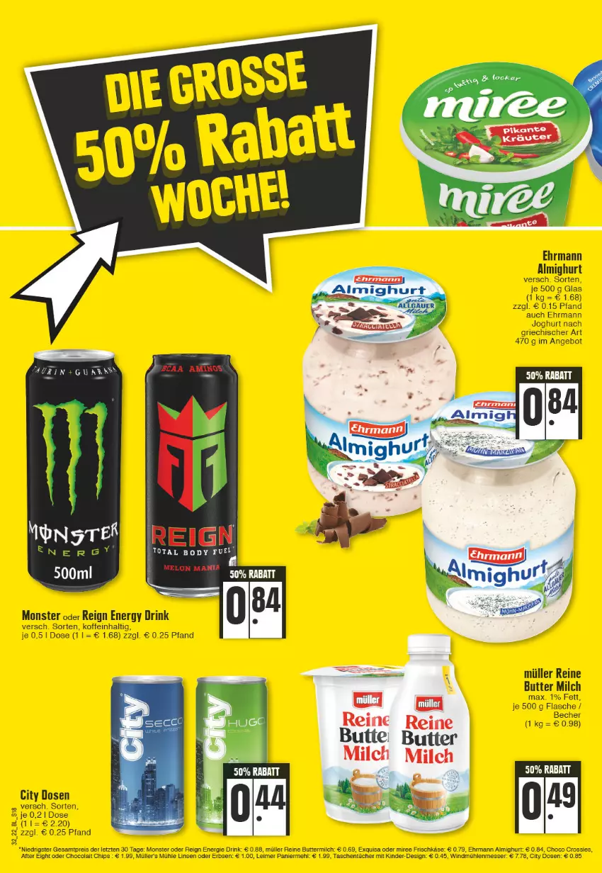 Aktueller Prospekt Edeka - Angebote der Woche - von 08.08 bis 13.08.2022 - strona 18 - produkty: after eight, almighur, almighurt, angebot, Becher, butter, buttermilch, chips, choco crossies, cola, crossies, drink, ehrmann, ehrmann almighurt, eimer, eis, energy drink, erbsen, exquisa, flasche, frischkäse, joghur, joghurt, joghurt nach, Käse, Kinder, leimer, linsen, mehl, messer, milch, miree, monster, Müller, Paniermehl, reine buttermilch, reis, Tasche, taschen, taschentücher, Ti, tücher, ZTE