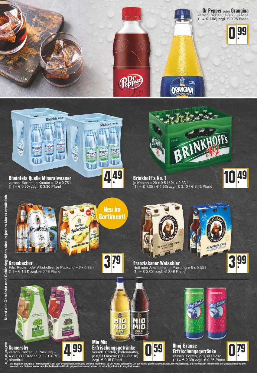 Aktueller Prospekt Edeka - Angebote der Woche - von 08.08 bis 13.08.2022 - strona 24 - produkty: alkohol, Alwa, bier, eier, eis, elle, erfrischungsgetränk, erfrischungsgetränke, flasche, franziskaner, getränk, getränke, gin, Intel, krombache, krombacher, krombacher pils, mineralwasser, orangina, pils, radler, rheinfels quelle, Ti, wasser, weissbier