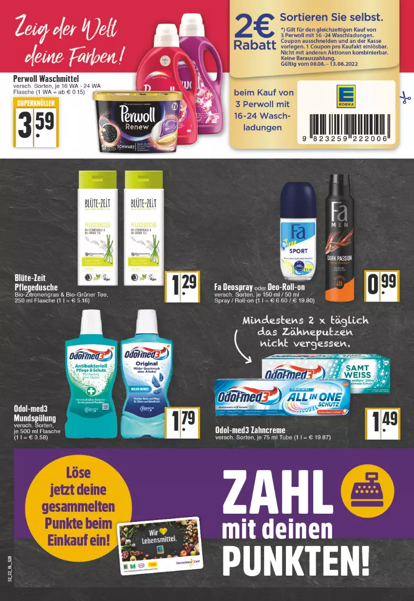 Aktueller Prospekt Edeka - Angebote der Woche - von 08.08 bis 13.08.2022 - strona 28 - produkty: alkohol, bio, bio-zitronen, creme, deo, deospray, dusche, eier, eis, flasche, gin, grüner tee, mac, Odol, ohne alkohol, perwoll, pflegedusche, roll-on, tee, waschmittel, zahncreme, zitrone, zitronen