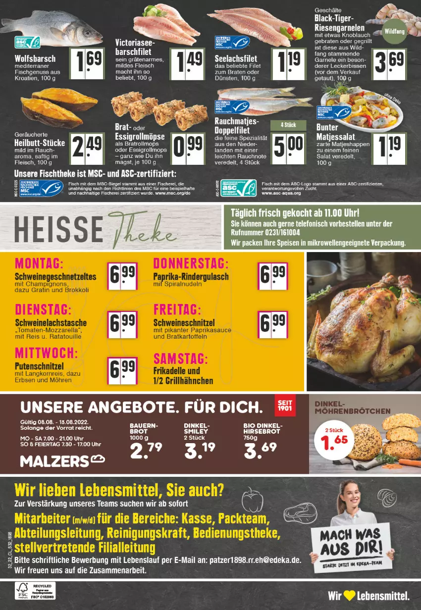 Aktueller Prospekt Edeka - Angebote der Woche - von 08.08 bis 13.08.2022 - strona 32 - produkty: angebot, angebote, aqua, auer, Bau, Bauer, bio, braten, brot, deka, eier, eis, elle, essig, filet, fisch, fische, Fischer, fischtheke, fleisch, garnelen, grill, knoblauch, lachs, lachsfilet, lack, lebensmittel, mac, malz, matjes, mikrowelle, nuss, Rauch, Ria, riesengarnelen, saft, salat, Schere, seelachsfilet, Spezi, telefon, Ti, uhr, Wild, wolfsbarsch, Zelt