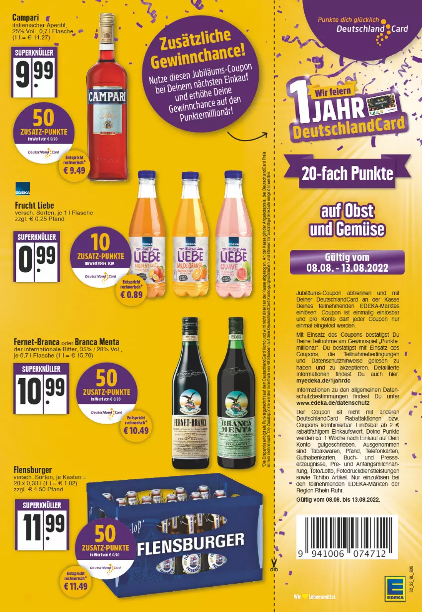 Aktueller Prospekt Edeka - Angebote der Woche - von 08.08 bis 13.08.2022 - strona 5 - produkty: angebot, angebotspreis, aperitif, buch, burger, campari, coupon, coupons, deka, deutschlandcard, eis, erde, Fernet, flasche, flensburger, frucht, gewinnspiel, Guave, guthabenkarte, LG, lion, milch, reis, Tchibo, telefon, Ti, Tiere, uhr