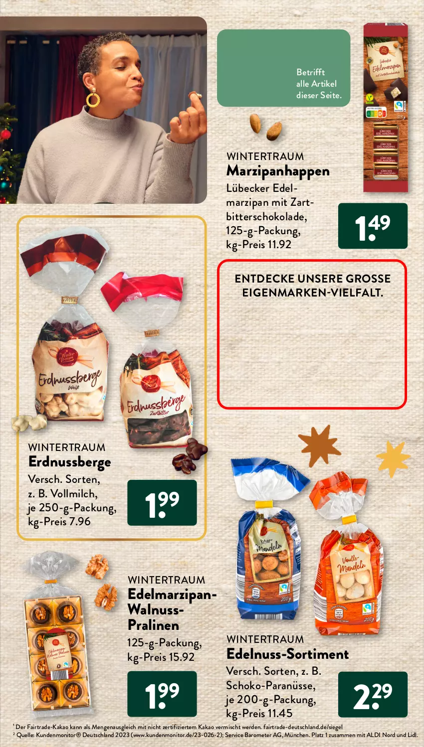 Aktueller Prospekt AldiSud - SÜSSER GENUSS ZUM ALDI PREIS. - von 01.11 bis 30.11.2023 - strona 16 - produkty: aldi, decke, Edelmarzipan, eis, elle, erde, erdnuss, je 250-g-packung, kakao, Lübecker, marzipan, milch, monitor, nuss, pralinen, reis, schoko, schokolade, Ti, vollmilch, walnuss, Zartbitterschokolade