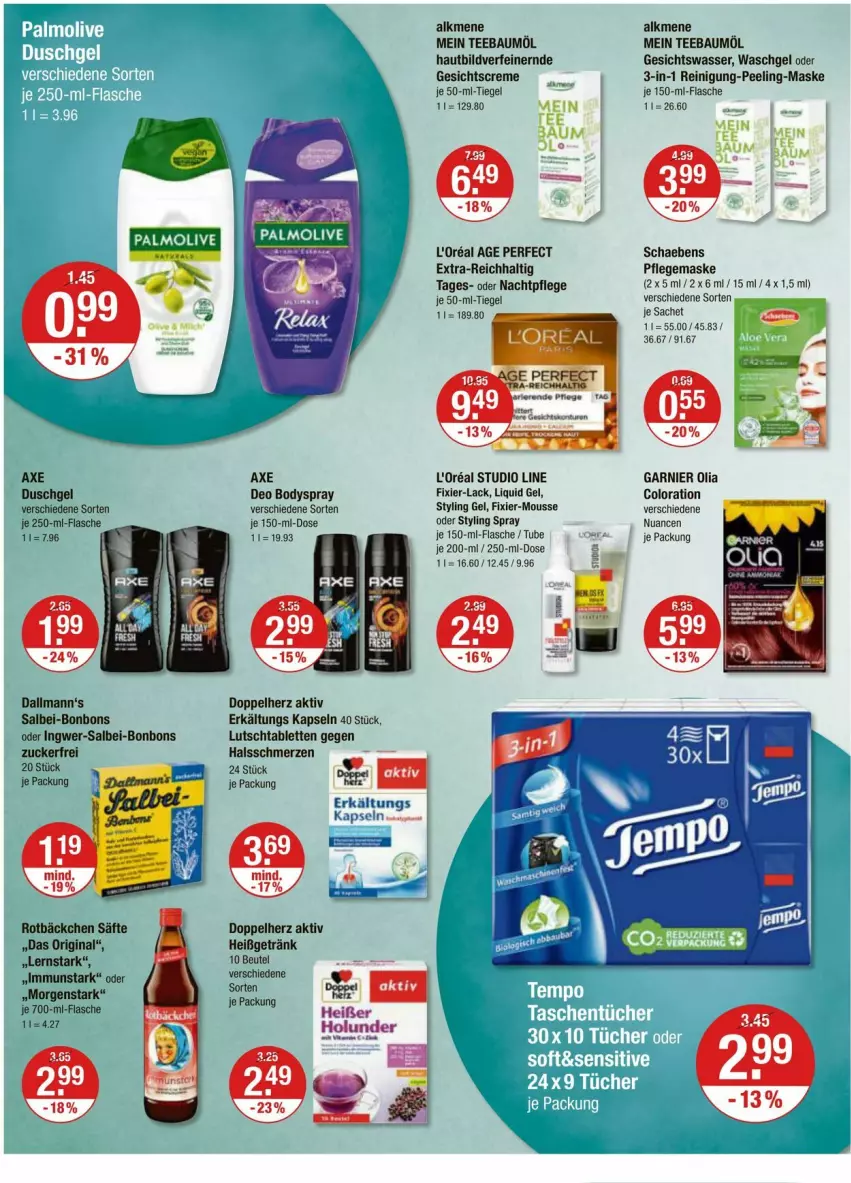 Aktueller Prospekt Vmarkt - Prospekte - von 04.04 bis 10.04.2024 - strona 12 - produkty: axe, axe duschgel, Bau, beutel, body, bodyspray, bonbons, creme, deo, doppelherz, duschgel, Erkältungs, flasche, garnier, Gesichtscreme, getränk, gin, ingwer, je 50-ml-tiegel, l'oreal, lack, loreal, Maske, mousse, nachtpflege, Nuance, Peeling, Reinigung, sac, säfte, Schaebens, Styling Gel, tablet, tablett, Tablette, tee, Ti, zucker