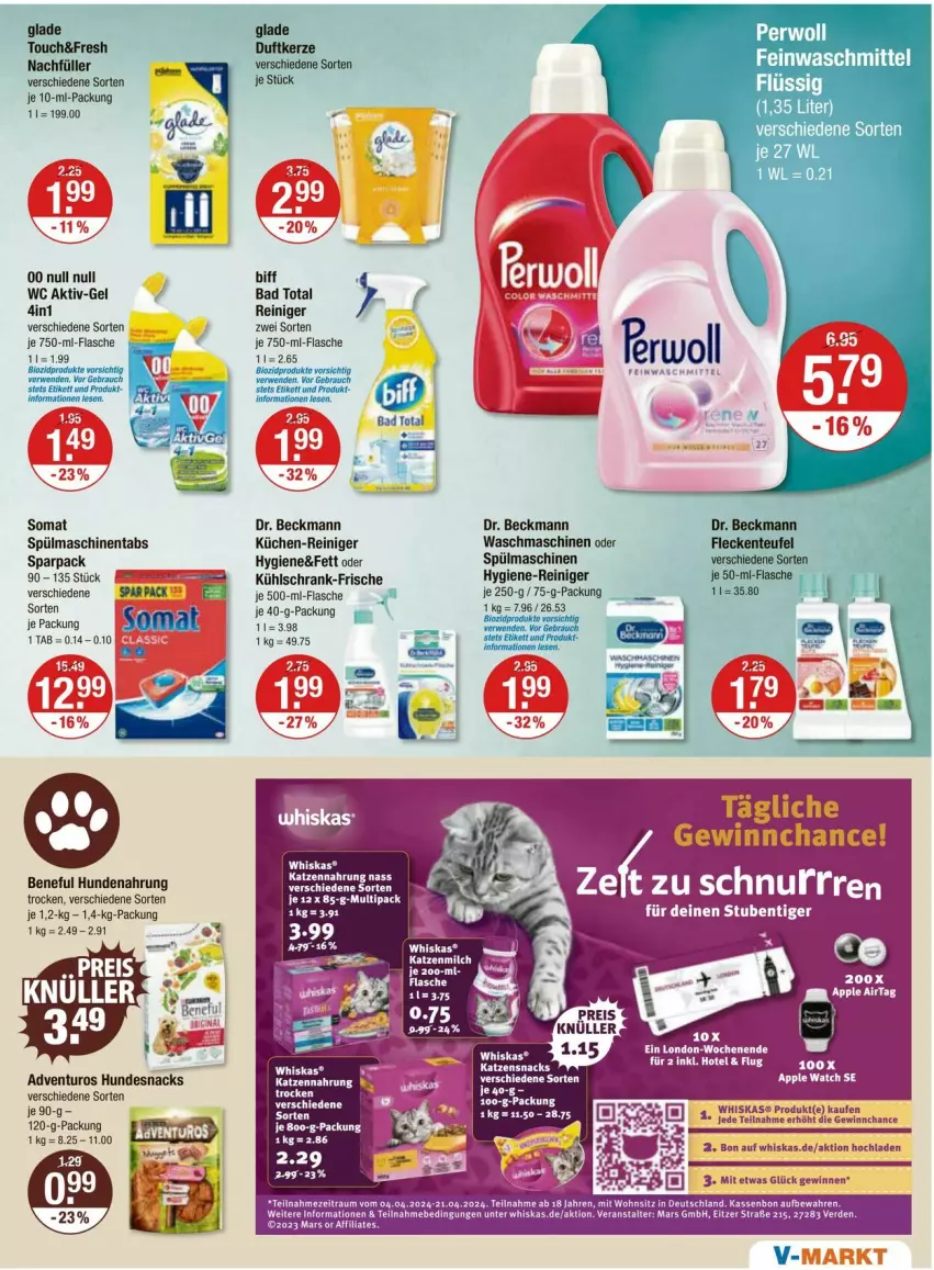 Aktueller Prospekt Vmarkt - Prospekte - von 04.04 bis 10.04.2024 - strona 13 - produkty: adventuros, Bad, biff, Dr. Beckmann, Duftkerze, ente, erde, flasche, Glade, hundenahrung, hundesnack, hundesnacks, hygiene-reiniger, katzenmilch, katzennahrung, kerze, küche, Küchen, kühlschrank, mars, milch, Pepo, Rauch, reiniger, Schrank, snack, snacks, somat, spülmaschinen, spülmaschinentabs, stube, tee, Ti, waschmaschine, waschmaschinen, whiskas