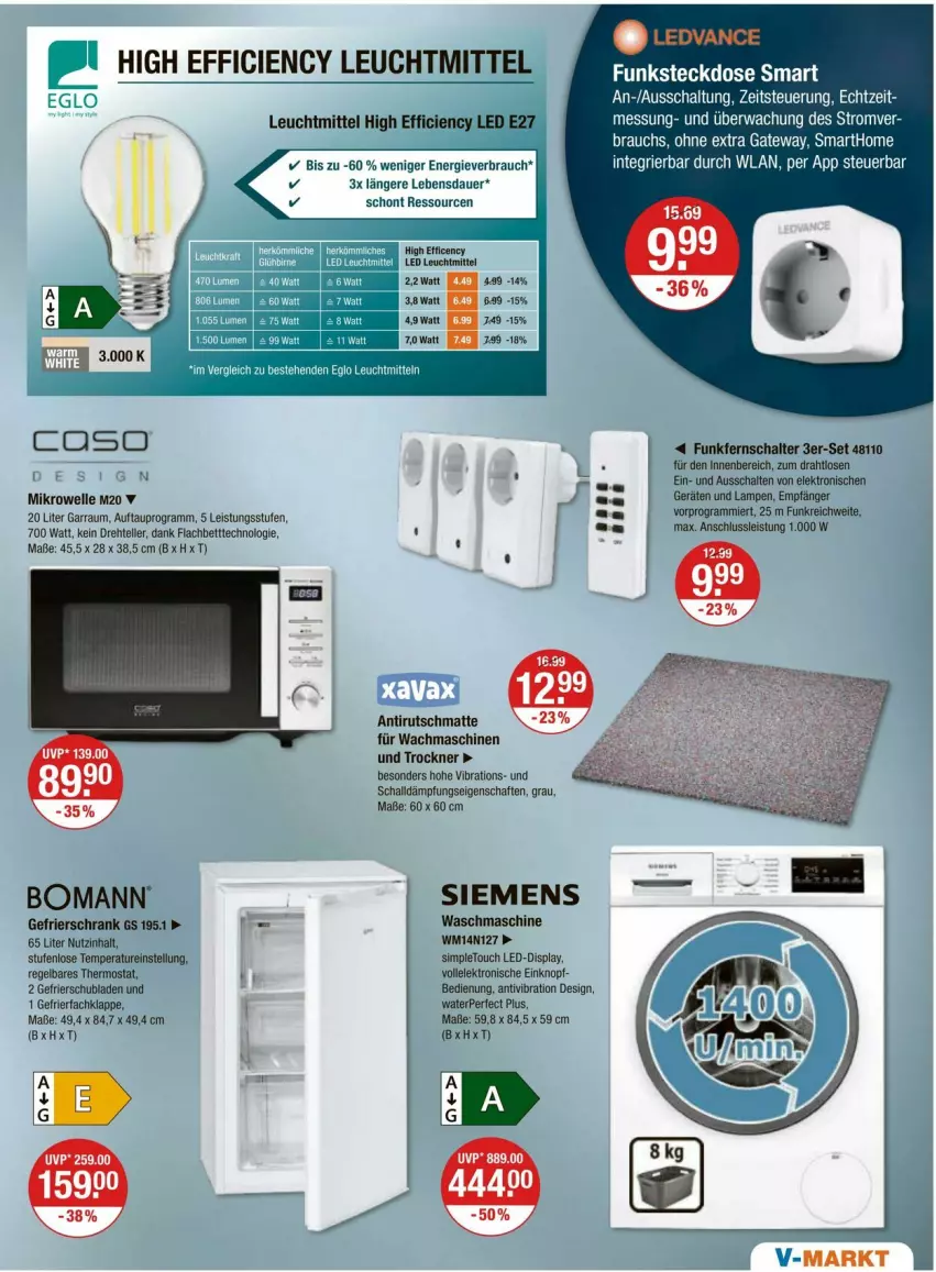 Aktueller Prospekt Vmarkt - Prospekte - von 04.04 bis 10.04.2024 - strona 19 - produkty: auer, bett, bomann, Cien, Draht, eis, Elektro, elle, ente, garraum, gefrierfach, gefrierschrank, Lampe, leuchtmittel, mikrowelle, Rauch, Schal, Schrank, schubladen, siemens, sim, steckdose, teller, thermostat, Ti, Trockner, waschmaschine