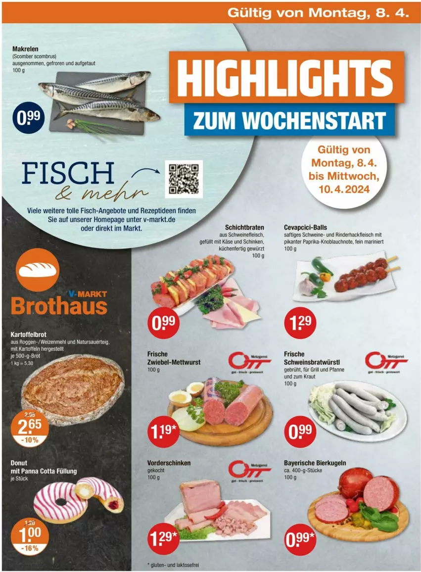 Aktueller Prospekt Vmarkt - Prospekte - von 04.04 bis 10.04.2024 - strona 26 - produkty: angebot, angebote, auer, ball, bier, braten, brot, cevapcici, Donut, eis, fisch, fleisch, für grill und pfanne, gewürz, grill, grill und pfanne, hackfleisch, kartoffel, kartoffeln, Käse, knoblauch, Kraut, küche, Küchen, Kugel, LG, Makrele, mehl, Mett, mettwurst, mumm, natur, Omep, panna cotta, paprika, pfanne, rel, rezept, rind, rinder, rinderhackfleisch, saft, schinken, schwein, schweine, schweinefleisch, Ti, und pfanne, wein, weine, weizenmehl, wurst, zwiebel