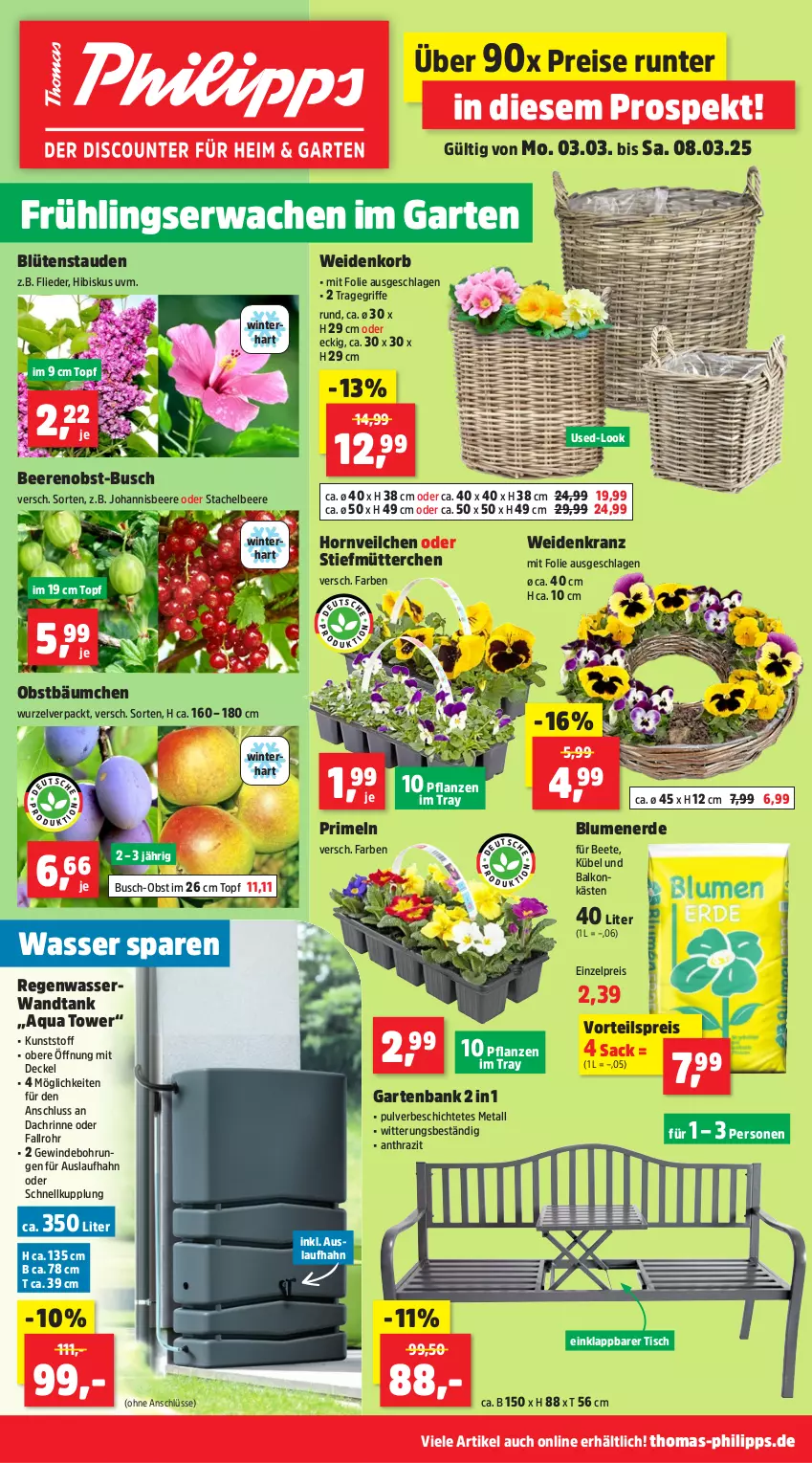 Aktueller Prospekt Thomas Philipps - von 03.03 bis 08.03.2025 - strona 1 - produkty: aqua, Bank, beere, beeren, blume, blumen, blumenerde, Blüte, Blütenstauden, decke, Deckel, eis, erde, flieder, Garten, gartenbank, johannisbeere, korb, Kranz, obst, pflanze, pflanzen, Primeln, reis, sac, stauden, Ti, tisch, topf, tragegriff, vorteilspreis, wasser