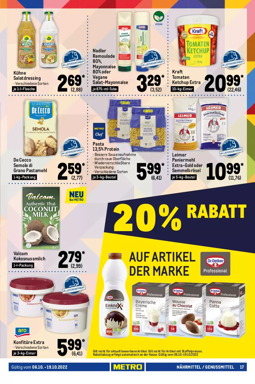 Aktueller Prospekt Metro - GastroJournal - von 06.10 bis 19.10.2022 - strona 17 - produkty: auto, beutel, braten, Brühe, De Cecco, dressing, ecco, eimer, eis, flasche, fleisch, Gemüsebrühe, hollandaise, hühner, Hühnersuppe, ketchup, kokos, kokosnuss, Kokosnussmilch, konfitüre, konfitüre extra, kraft, Kühne, leimer, LG, lyoner, maggi, mayonnaise, mehl, milch, nadler, nuss, Paniermehl, pasta, reis, remoulade, rezept, rezepte, salat, salatdressing, sauce, saucen, Semmel, Semmelbrösel, suppe, suppen, thomy, thomy les sauces, Ti, tisch, tomate, tomaten, tomaten ketchup, Yo