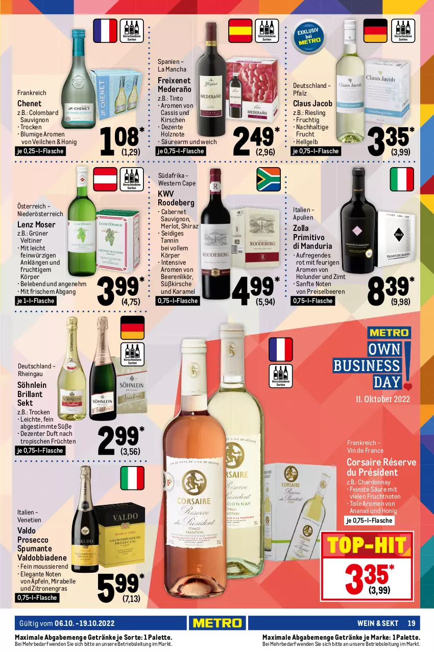 Aktueller Prospekt Metro - GastroJournal - von 06.10 bis 19.10.2022 - strona 19 - produkty: ananas, auto, beere, beeren, beutel, bohne, brillant sekt, cabernet, cabernet sauvignon, Cap, cappuccino, cassis, chardonnay, chips, cin, cookie, cookies, Corsaire, ecco, eis, elle, ente, erdnüsse, espresso, flasche, freixenet, frucht, früchte, früchten, getränk, getränke, holunder, Holz, honig, kakao, kirsch, kirsche, kirschen, Lenz Moser, LG, likör, merl, merlot, moser, Palette, primitivo, pringles, prosecco, puma, reis, Ria, riesling, ring, salz, sauvignon, sekt, söhnlein, söhnlein brillant, spumante, tee, Ti, tisch, top-hit, tortilla, Tortilla Chips, ültje, ültje erdnüsse, valdo, vin de france, wein, Weste, zitrone, zitronen