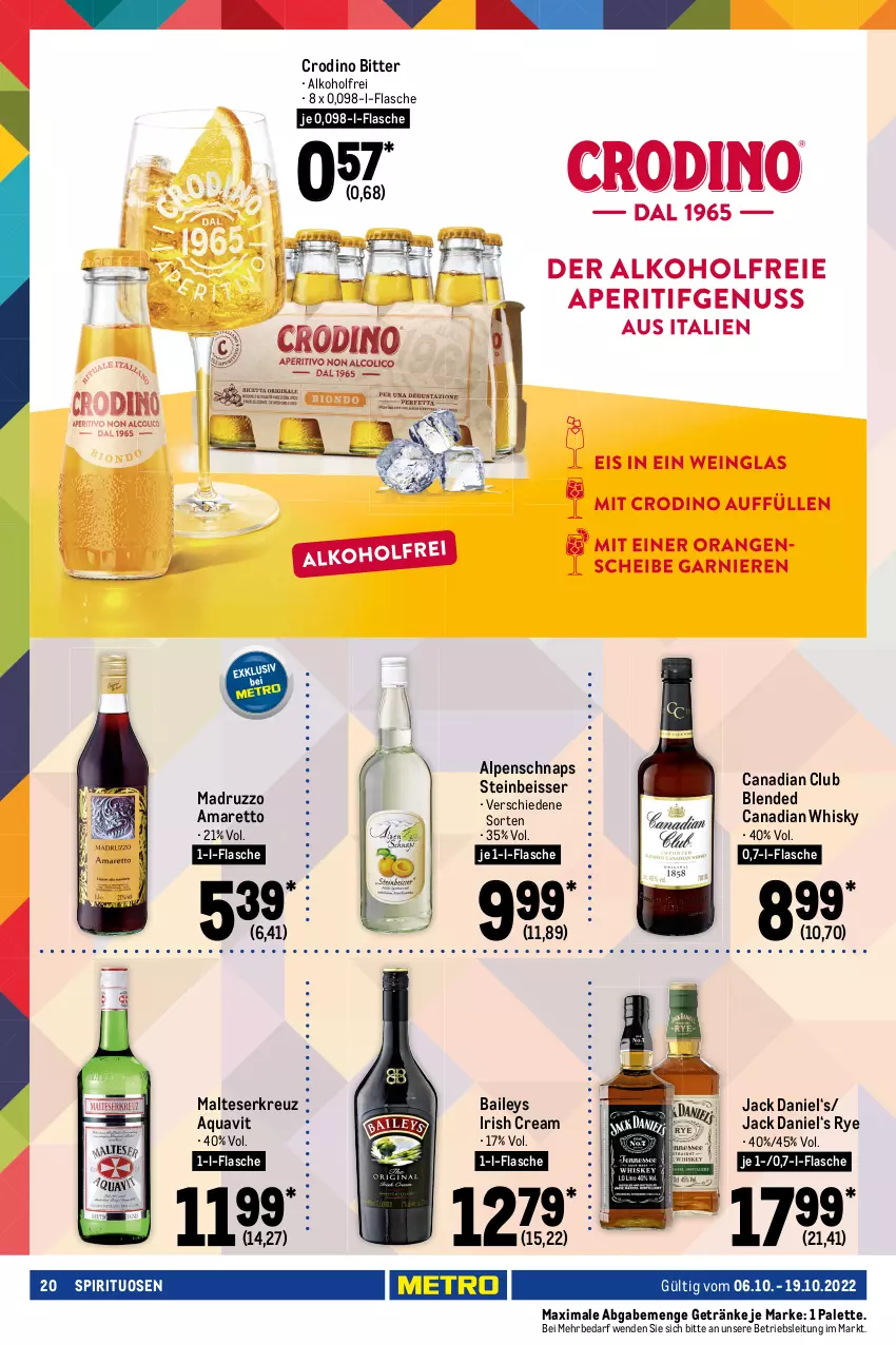 Aktueller Prospekt Metro - GastroJournal - von 06.10 bis 19.10.2022 - strona 20 - produkty: alkohol, Amaretto, aqua, aquavit, baileys, braun, cachaça, Canadian Whisky, Cap, captain morgan, eier, eierlikör, eis, flasche, Germ, getränk, getränke, Gorbatschow, irish cream, jack daniel, jägermeister, kräuter, kräuterlikör, likör, malteser, Meister, ouzo, Palette, Portwein, rum, spirituosen, Ti, top-hit, wein, whisky, wodka