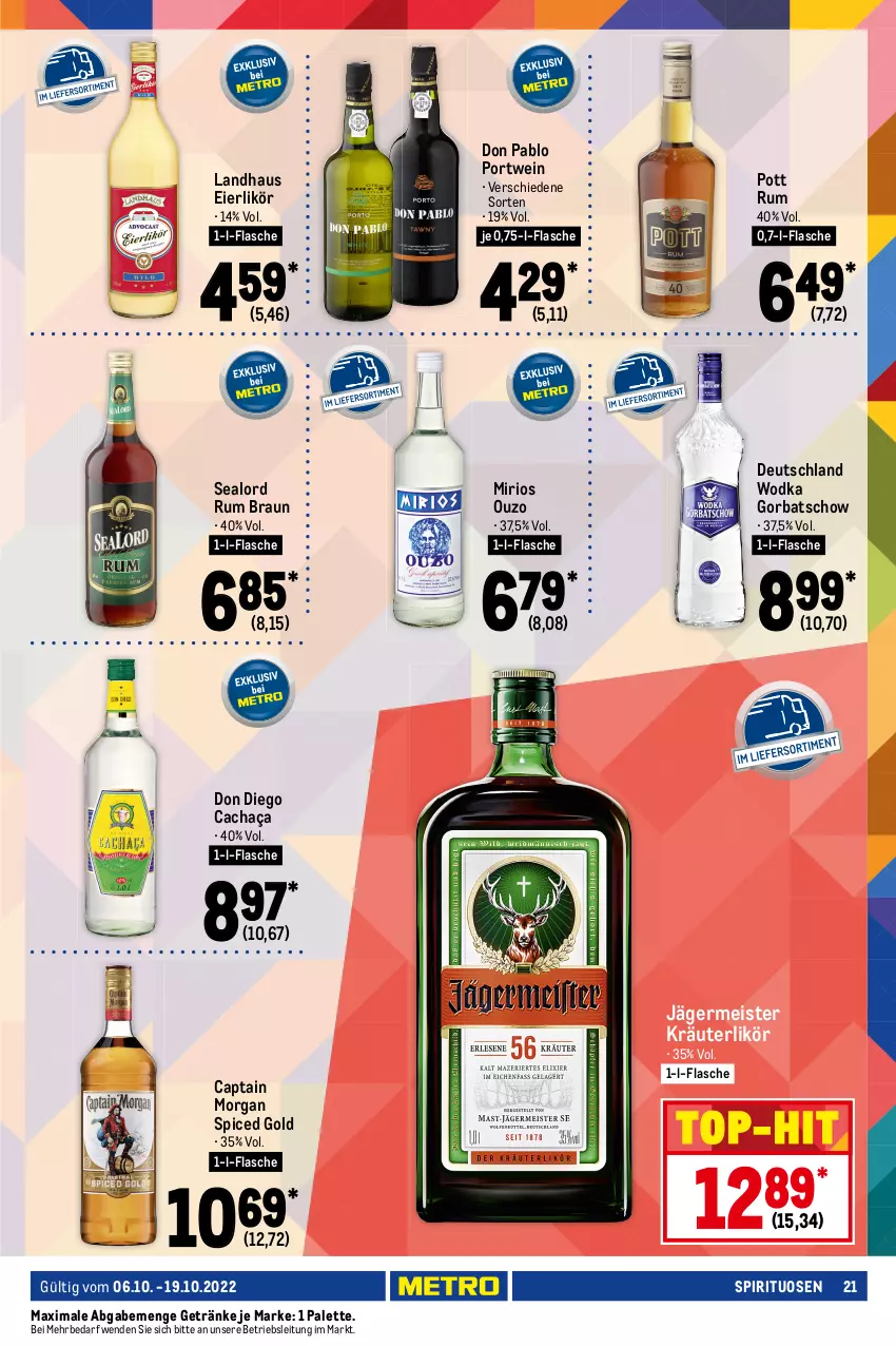 Aktueller Prospekt Metro - GastroJournal - von 06.10 bis 19.10.2022 - strona 21 - produkty: alkohol, Amaretto, aqua, aquavit, baileys, braun, cachaça, Canadian Whisky, Cap, captain morgan, eier, eierlikör, eis, flasche, Germ, getränk, getränke, Gorbatschow, irish cream, jack daniel, jägermeister, kräuter, kräuterlikör, likör, malteser, Meister, ouzo, Palette, Portwein, rum, spirituosen, Ti, top-hit, wein, whisky, wodka