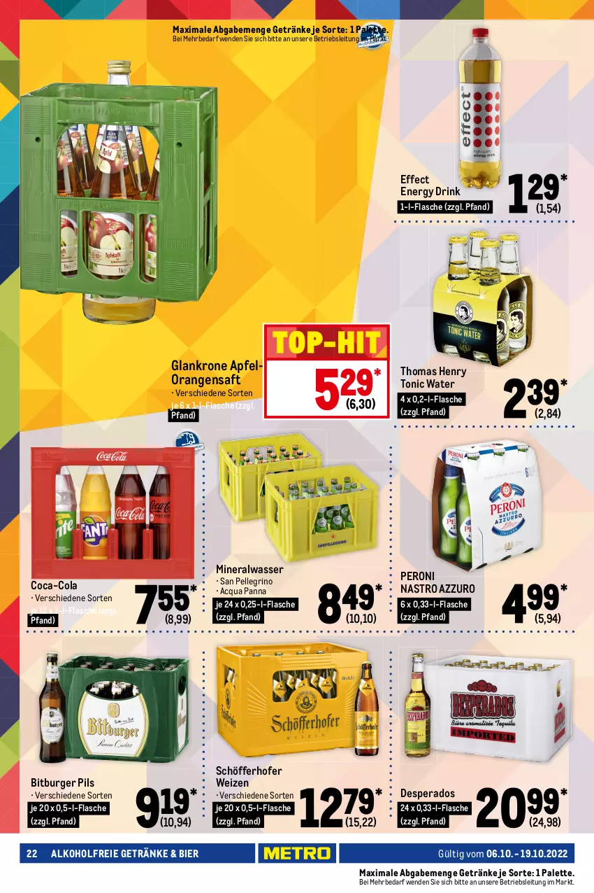 Aktueller Prospekt Metro - GastroJournal - von 06.10 bis 19.10.2022 - strona 22 - produkty: ACC, alkohol, alkoholfreie getränke, allzweckreiniger, Alwa, apfel, ariel, bier, bio, biozidprodukte, bitburger, bitburger pils, burger, coca-cola, cola, desperados, drink, Effect, eier, eis, elle, energy drink, fairy, flasche, getränk, getränke, krone, lenor, mac, Meister, meister proper, Metro, mineralwasser, orange, orangen, orangensaft, Palette, Peroni, pils, Pods, Rauch, reiniger, reis, ring, rwe, saft, san pellegrino, schöfferhofer, sprühflasche, spülmittel, thomas henry, Ti, tonic, tonic water, top-hit, vollwaschmittel, waschmittel, wasser, weck, weichspüler