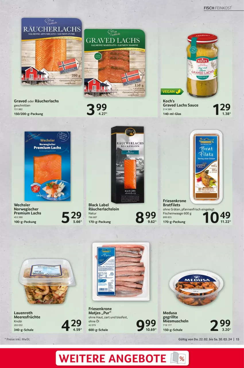 Aktueller Prospekt Selgros - Feinkost für Ostern - von 22.02 bis 30.03.2024 - strona 15 - produkty: angebot, angebote, black label, eis, feinkost, filet, filets, fisch, fische, früchte, Graved Lachs, grill, hering, krone, lachs, lack, matjes, meeresfrüchte, Muscheln, natur, pfanne, pfannen, Räucherlachs, reis, ring, rwe, sauce, Schal, Schale, schnitten, Ti, Waage