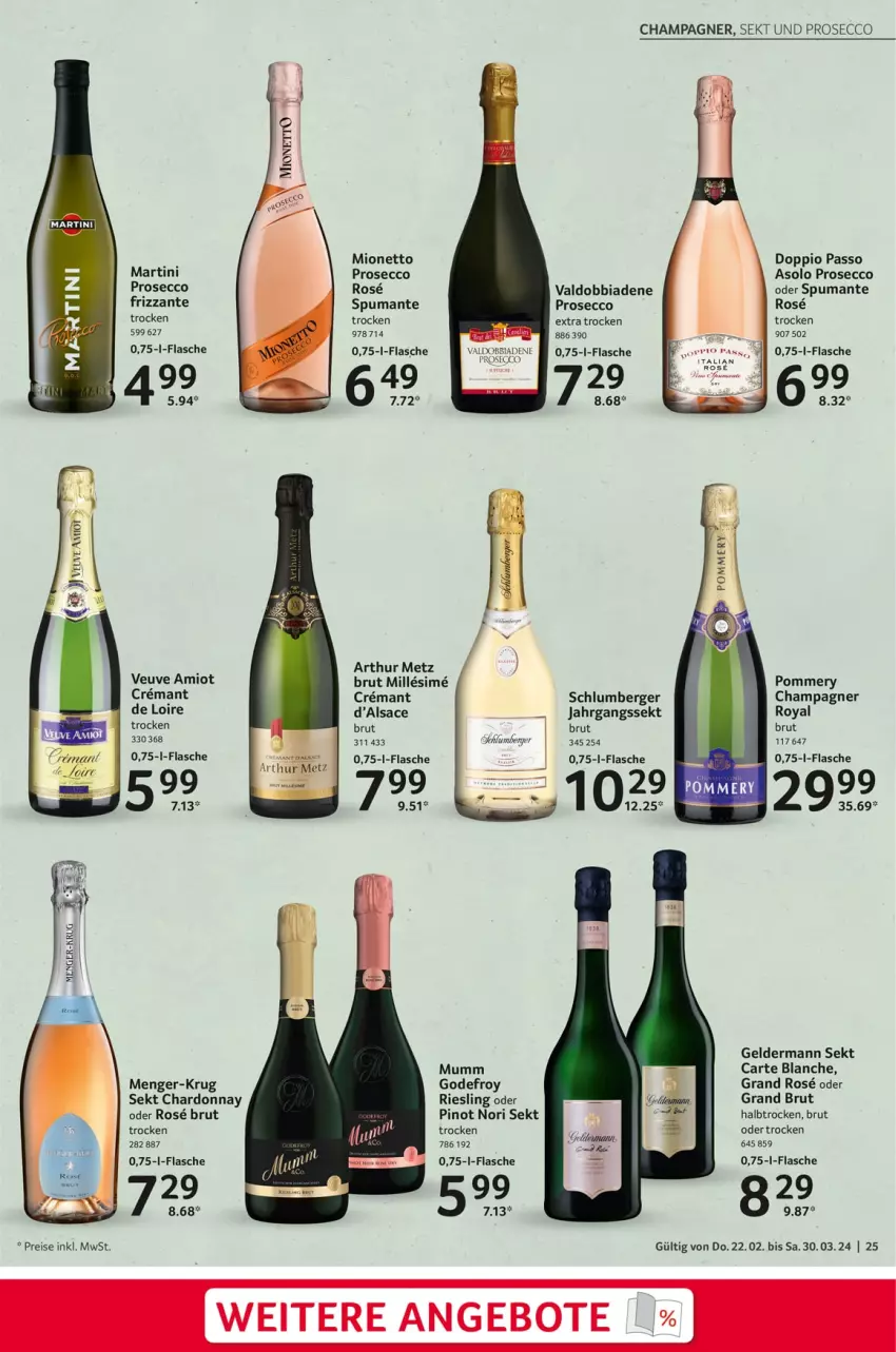 Aktueller Prospekt Selgros - Feinkost für Ostern - von 22.02 bis 30.03.2024 - strona 25 - produkty: angebot, angebote, Berger, brut, champagne, champagner, chardonnay, doppio passo, ecco, eis, flasche, frizzante, geldermann, jahrgangssekt, martini, mionetto, mumm, passo, Pinot, prosecco, puma, reis, riesling, sac, sekt, sim, spumante, Ti, valdo