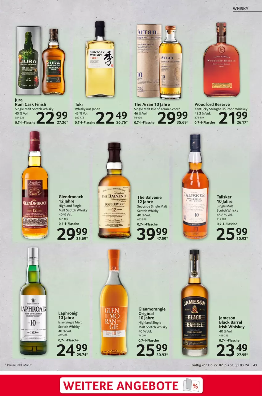 Aktueller Prospekt Selgros - Feinkost für Ostern - von 22.02 bis 30.03.2024 - strona 43 - produkty: angebot, angebote, bourbon, eis, Finish, flasche, gin, irish whiskey, islay single malt, jameson, Jura, kentucky straight, lack, laphroaig, reis, rel, rum, scotch, scotch whisky, single malt, tee, Ti, tuc, whiskey, whisky