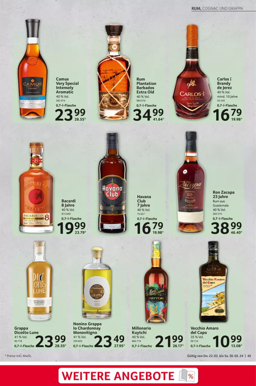 Aktueller Prospekt Selgros - Feinkost für Ostern - von 22.02 bis 30.03.2024 - strona 45 - produkty: amaro, angebot, angebote, arlo, bacardi, Bad, Camus, Cap, chardonnay, Cognac, eis, flasche, grappa, reis, Ria, rum, Ti