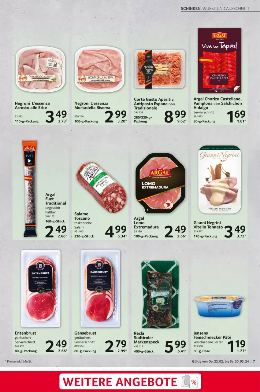 Aktueller Prospekt Selgros - Feinkost für Ostern - von 22.02 bis 30.03.2024 - strona 7 - produkty: angebot, angebote, aufschnitt, chorizo, dell, eis, ente, Entenbrust, feinschmecker, Gänsebrust, LG, mortadella, reis, riserva, salami, schinken, Speck, südtiroler, Ti, tradizionale, Vitello Tonnato, wurst