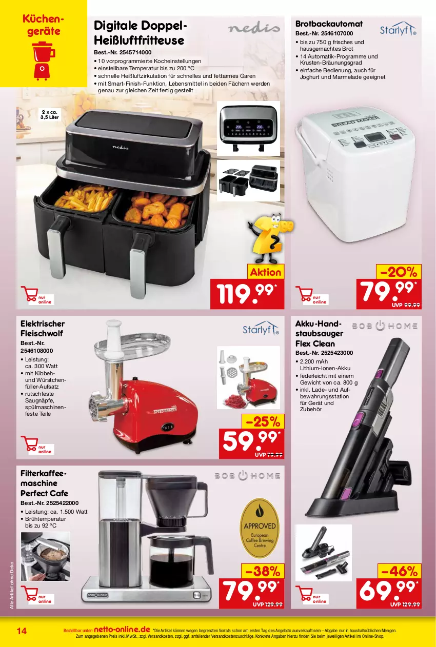 Aktueller Prospekt Netto Marken-Discount - Online-Angebote Oktober - von 01.10 bis 31.10.2023 - strona 14 - produkty: akku, akku-handstaubsauger, angebot, auto, brot, Brotbackautomat, eis, elle, erde, filterkaffee, Finish, fleisch, fritteuse, handstaubsauger, Heißluftfritteuse, joghur, joghurt, kaffee, kaffeemaschine, küche, Küchen, lebensmittel, mac, marmelade, ndk, reis, spülmaschinen, staubsauger, Ti, würstchen, ZTE