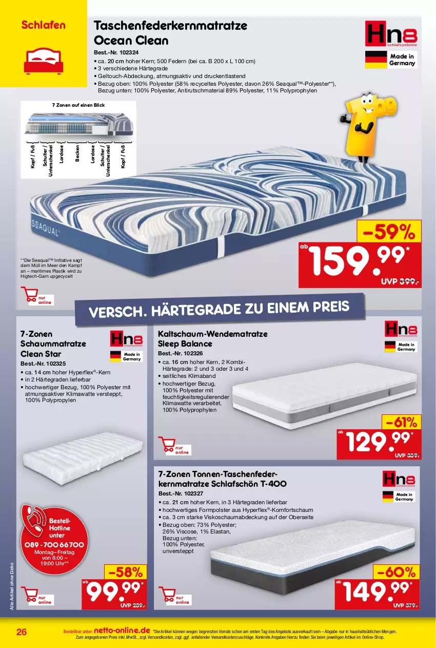 Aktueller Prospekt Netto Marken-Discount - Online-Angebote Oktober - von 01.10 bis 31.10.2023 - strona 26 - produkty: angebot, aqua, asti, eis, federkern, federkernmatratze, Germ, henkel, kernmatratze, mab, matratze, ndk, reis, Ria, schauma, Schaummatratze, schenkel, Tasche, taschen, taschenfederkernmatratze, Ti, uhr, wendematratze, ZTE