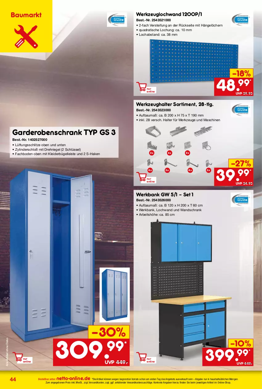 Aktueller Prospekt Netto Marken-Discount - Online-Angebote Oktober - von 01.10 bis 31.10.2023 - strona 44 - produkty: angebot, Bank, Bau, bügel, eis, elle, Garderobe, garderobenschrank, kleid, kleider, kleiderbügel, LG, ndk, quad, reis, riegel, Schrank, Ti, tisch, Wandschrank, werkzeug, werkzeuge, Werkzeughalter, ZTE