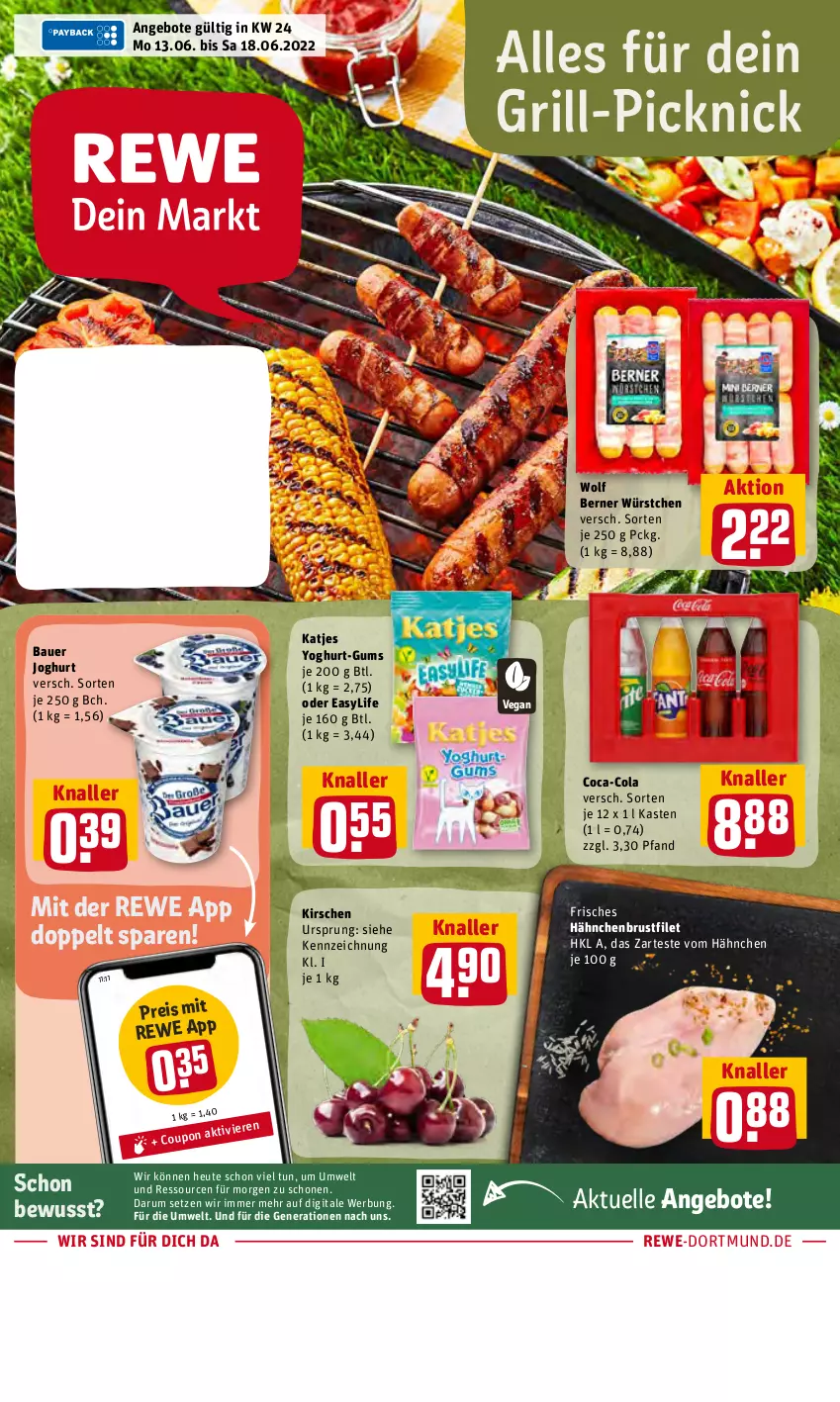 Aktueller Prospekt Rewe - Diese Woche im Angebot! - von 13.06 bis 18.06.2022 - strona 1 - produkty: angebot, angebote, auer, Bau, Bauer, brustfilet, coca-cola, cola, eis, elle, filet, grill, hähnchenbrust, hähnchenbrustfilet, Heu, joghur, joghurt, katjes, kirsch, kirsche, kirschen, reis, rum, Ti, würstchen, Yo, yoghurt