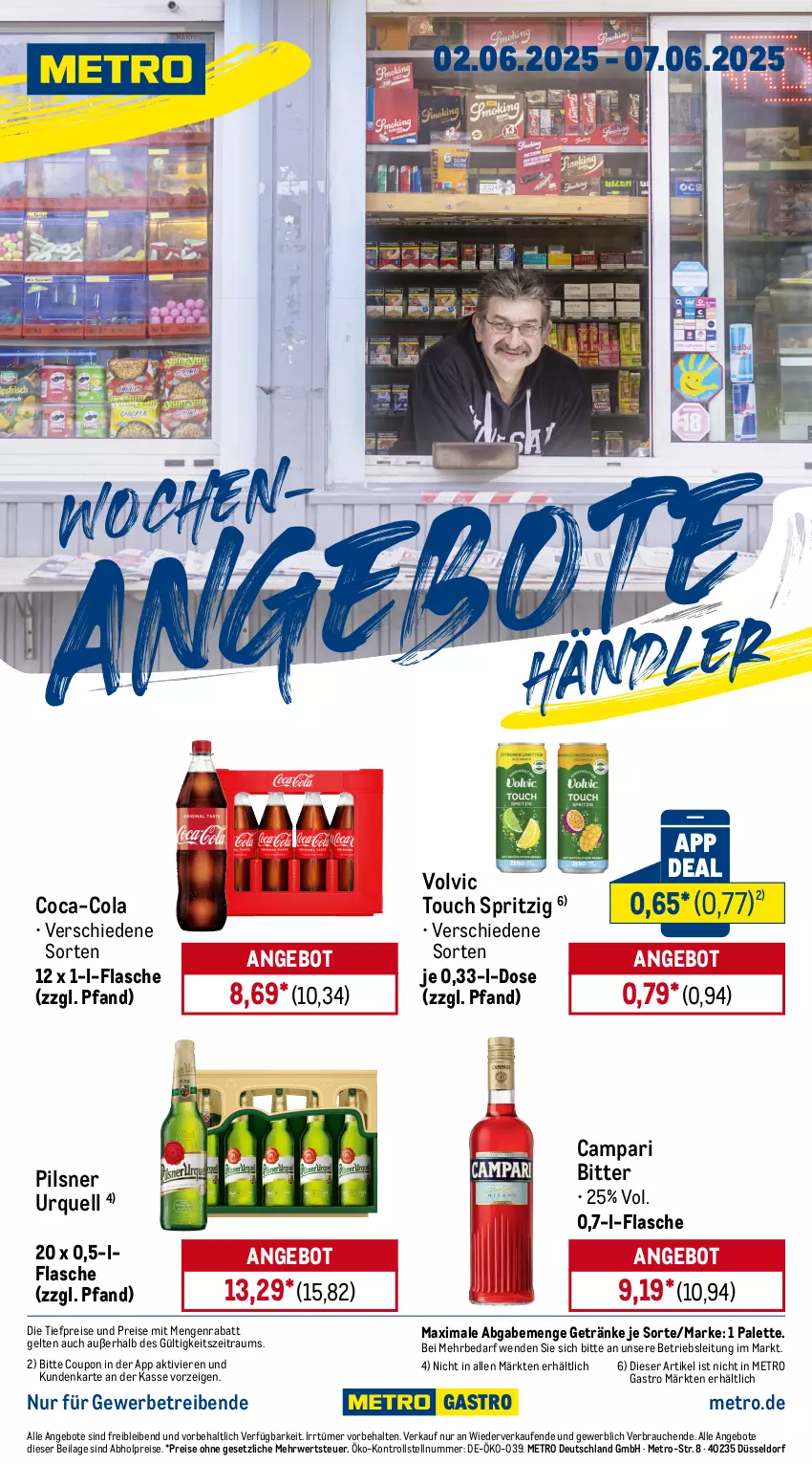 Aktueller Prospekt Metro - Wochen-Angebote Händler - von 02.06 bis 07.06.2025 - strona 1 - produkty: abholpreise, angebot, angebote, campari, coca-cola, cola, coupon, eis, flasche, getränk, getränke, ilag, Metro, metro gastro, Palette, pils, pilsner, pilsner urquell, Rauch, reis, rwe, Ti, tiefpreis, volvic