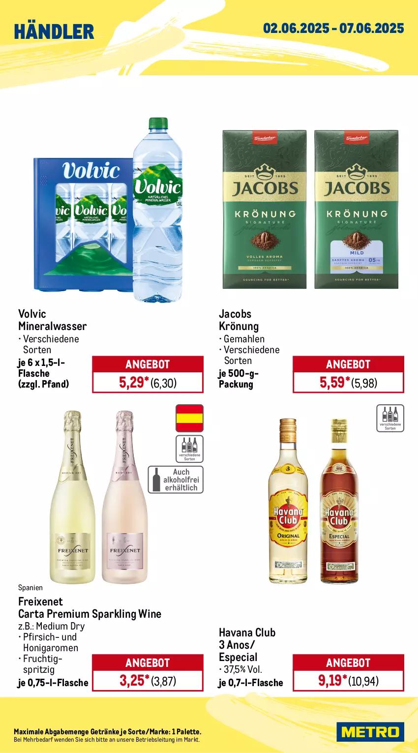 Aktueller Prospekt Metro - Wochen-Angebote Händler - von 02.06 bis 07.06.2025 - strona 2 - produkty: Alwa, angebot, auto, Bravo, flasche, freixenet, frucht, getränk, getränke, Havana Club, honig, jacobs, jacobs krönung, LG, Metro, metro gastro, mineralwasser, natur, natura, Palette, pfirsich, Rauch, Ti, tisch, volvic, wasser