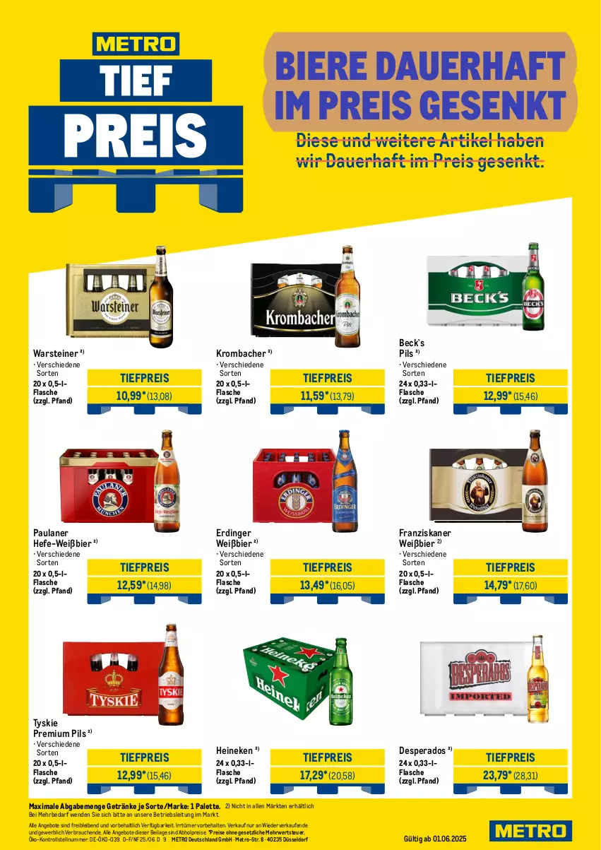 Aktueller Prospekt Metro - Wochen-Angebote Händler - von 02.06 bis 07.06.2025 - strona 5 - produkty: abholpreise, angebot, angebote, auer, bier, Biere, desperados, eis, erdinger, flasche, franziskaner, getränk, getränke, Hefe, heineken, ilag, krombache, krombacher, Metro, Palette, Paula, paulaner, pils, premium pils, Rauch, reis, rwe, steiner, Ti, tiefpreis, tyskie, warsteiner