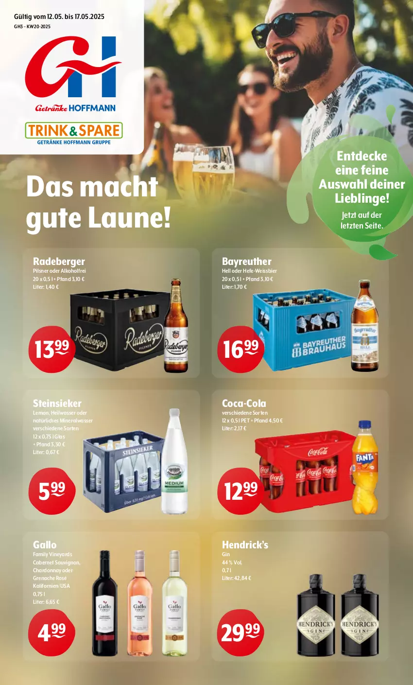 Aktueller Prospekt Getraenke Hoffmann - Prospekte - von 12.05 bis 17.05.2025 - strona 1 - produkty: alkohol, Alwa, Berger, bier, cabernet, cabernet sauvignon, chardonnay, coca-cola, cola, decke, eis, gallo, gin, Hefe, mac, mineralwasser, natürliches mineralwasser, pils, pilsner, radeberger, sauvignon, Steinsieker, Ti, wasser, weissbier, ZTE