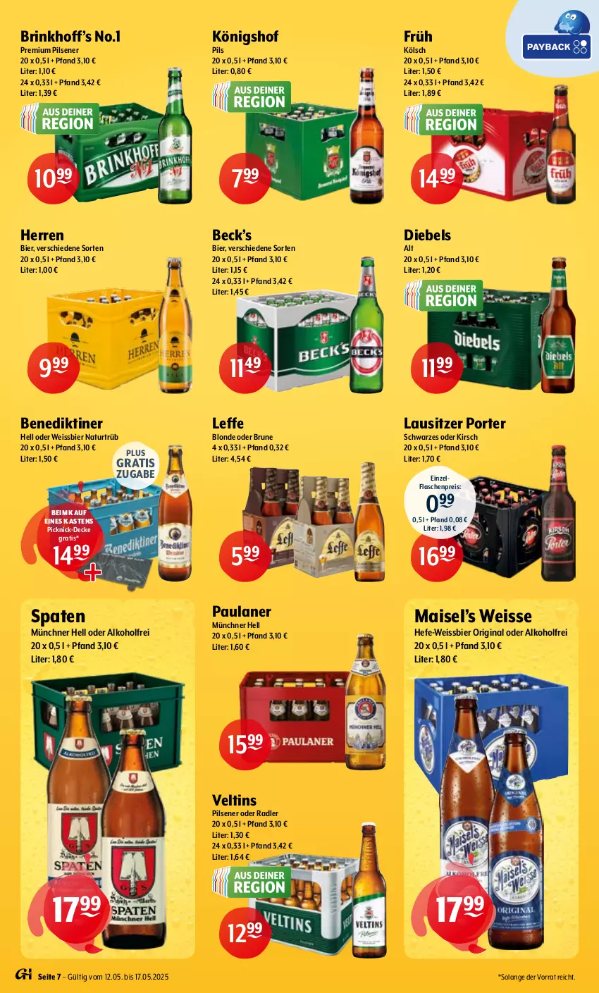 Aktueller Prospekt Getraenke Hoffmann - Prospekte - von 12.05 bis 17.05.2025 - strona 7 - produkty: alkohol, Benediktiner, bier, decke, diebels, eis, flasche, Früh Kölsch, gin, Hefe, kirsch, mais, natur, oder radler, Paula, paulaner, picknick-decke, pils, pilsener, premium pils, radler, reis, Spaten, Ti, veltins, veltins pilsener, weissbier