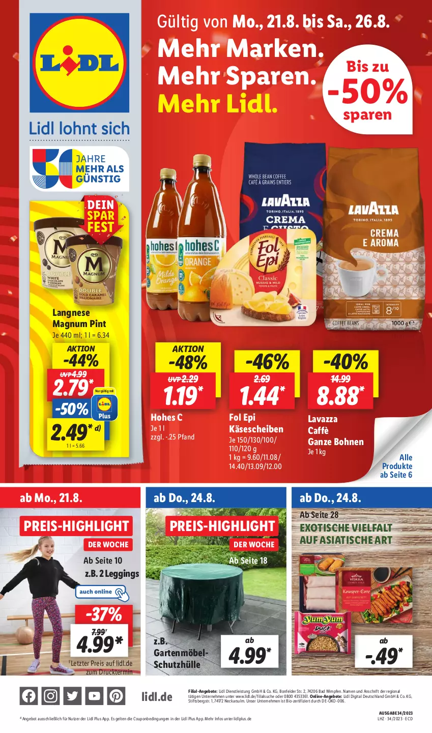 Aktueller Prospekt Lidl - Aktionsprospekt - von 21.08 bis 26.08.2023 - strona 1 - produkty: angebot, angebote, Bad, bio, bohne, bohnen, coupon, eis, fol epi, Garten, gartenmöbel, gin, Hohes C, Käse, käsescheiben, langnese, lavazza, leggings, magnum, möbel, preisvorteil, reis, schutzhülle, Ti, tisch, ZTE