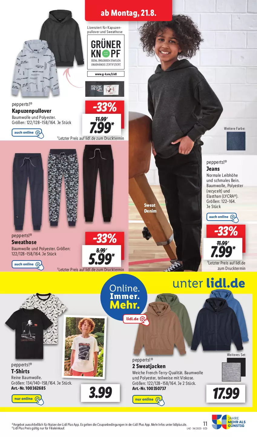 Aktueller Prospekt Lidl - Aktionsprospekt - von 21.08 bis 26.08.2023 - strona 19 - produkty: angebot, Bau, baumwolle, coupon, eis, hose, Jacke, jeans, Pullover, reine baumwolle, reis, shirt, shirts, Sweathose, sweatjacke, T-Shirt, Ti, wolle, ZTE