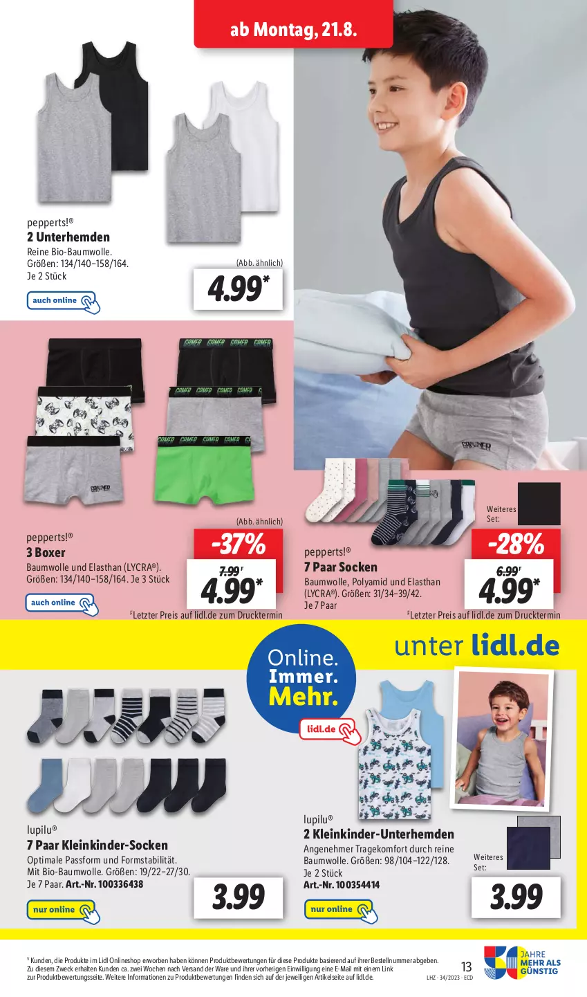 Aktueller Prospekt Lidl - Aktionsprospekt - von 21.08 bis 26.08.2023 - strona 21 - produkty: Bau, baumwolle, bio, bio-baumwolle, eis, hemd, hemden, Kinder, Kinder-Unterhemd, lupilu, mit bio-baumwolle, reine baumwolle, reis, socken, Ti, Unterhemd, unterhemden, weck, wolle, ZTE