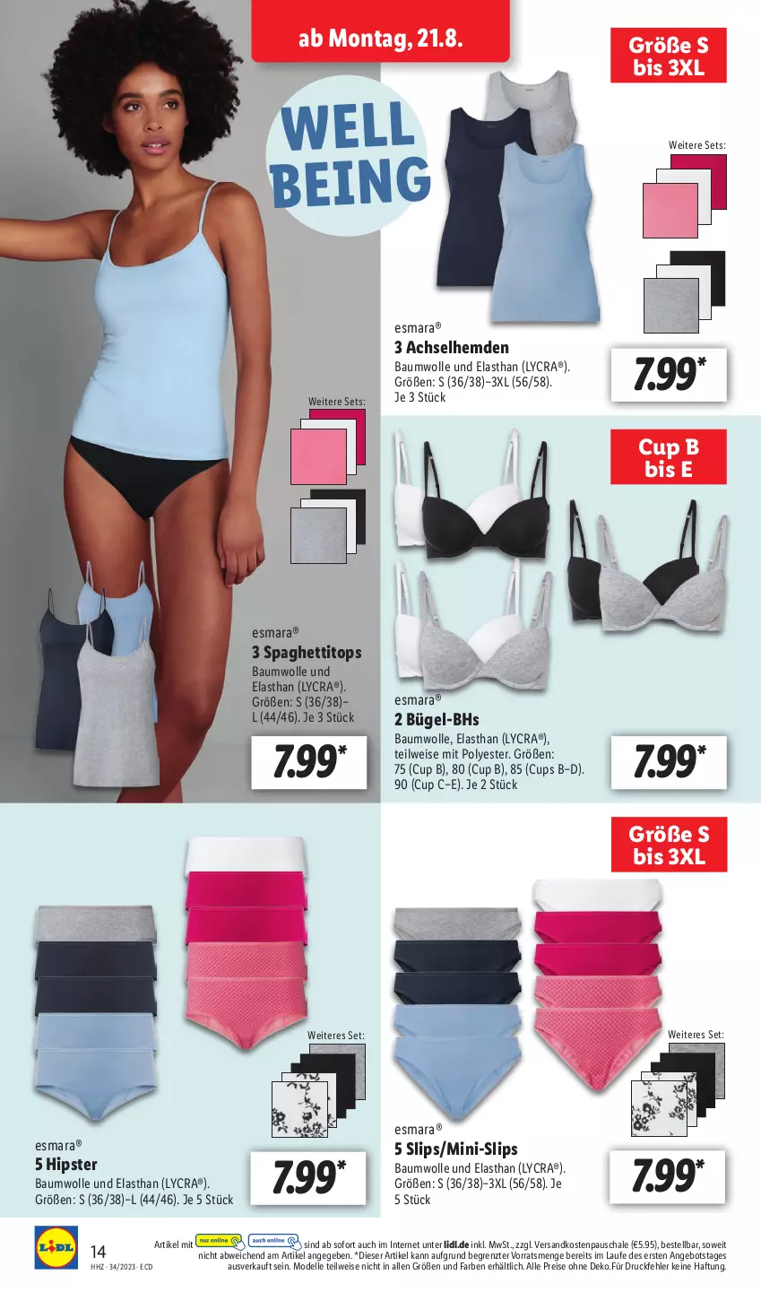 Aktueller Prospekt Lidl - Aktionsprospekt - von 21.08 bis 26.08.2023 - strona 22 - produkty: achselhemd, angebot, Bau, baumwolle, dell, eis, elle, esmara, hemd, hemden, Mode, ndk, reis, Schal, Schale, slip, slips, spaghetti, Ti, wolle, ZTE