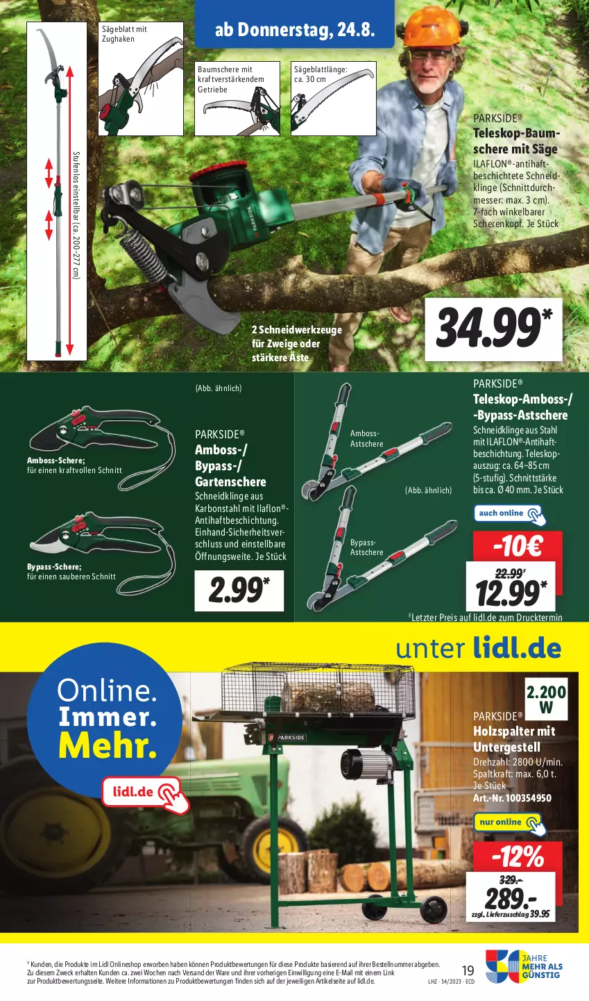 Aktueller Prospekt Lidl - Aktionsprospekt - von 21.08 bis 26.08.2023 - strona 31 - produkty: Bau, boss, eis, Garten, Gartenschere, gsw, Holz, Holzspalter, kraft, messer, Parkside, reis, säge, Schere, Teleskop, Ti, weck, werkzeug, werkzeuge, ZTE