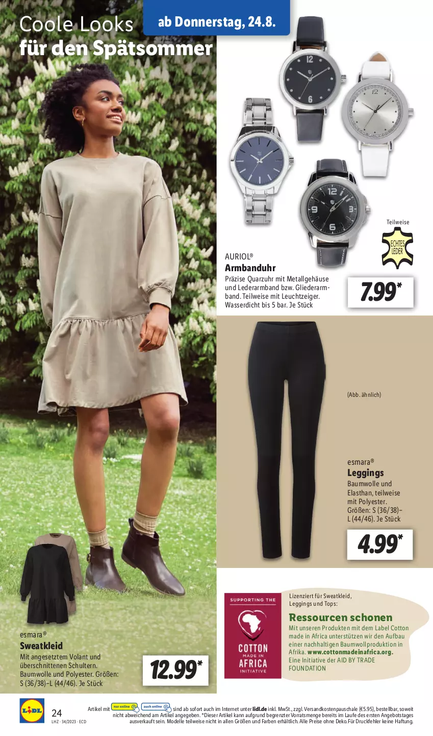 Aktueller Prospekt Lidl - Aktionsprospekt - von 21.08 bis 26.08.2023 - strona 36 - produkty: angebot, Armband, Armbanduhr, Bau, baumwolle, dell, eis, elle, esmara, gin, kleid, leggings, LG, Mode, ndk, reis, Schal, Schale, schnitten, Sweatkleid, Ti, uhr, wasser, wolle, ZTE