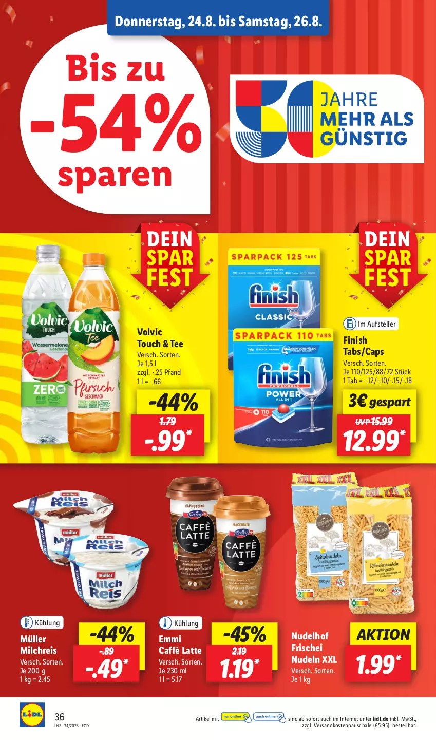 Aktueller Prospekt Lidl - Aktionsprospekt - von 21.08 bis 26.08.2023 - strona 52 - produkty: caffè latte, Cap, eis, elle, emmi, Finish, latte, milch, milchreis, Müller, ndk, nudel, nudeln, reis, Schal, Schale, tee, teller, Ti, volvic