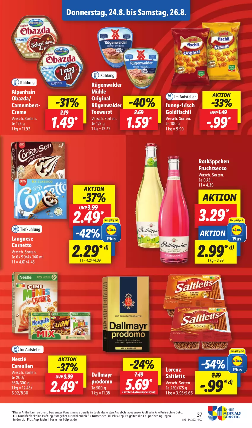 Aktueller Prospekt Lidl - Aktionsprospekt - von 21.08 bis 26.08.2023 - strona 53 - produkty: aktionspreis, Alpenhain, angebot, camembert, cerealien, cornetto, coupon, creme, dallmayr, dallmayr prodomo, ecco, eis, elle, fisch, frucht, fruchtsecco, funny-frisch, gin, Goldfischli, langnese, lorenz, nestlé, obazda, prodomo, reis, rotkäppchen, rügenwalder, rügenwalder mühle, saltletts, tee, teewurst, teller, Ti, wurst, ZTE