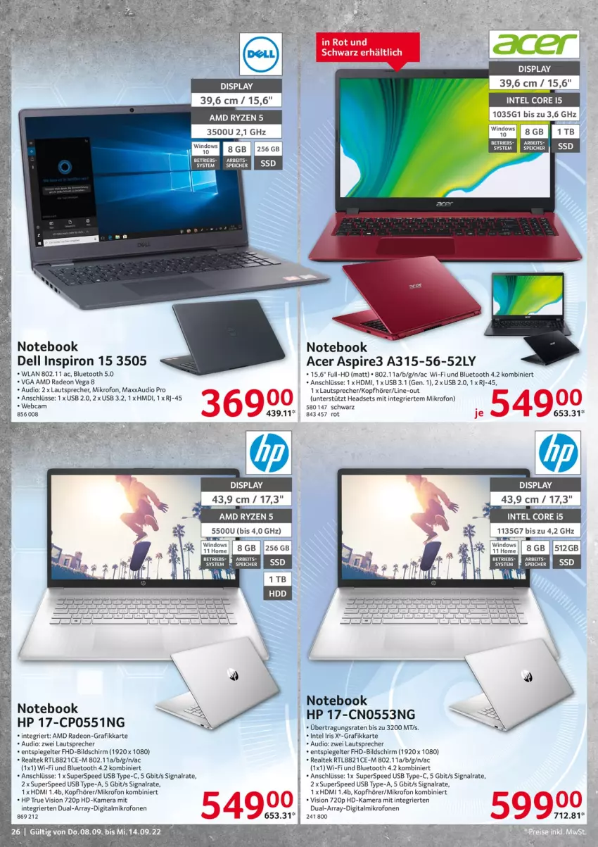 Aktueller Prospekt Selgros - Nonfood - von 08.09 bis 14.09.2022 - strona 26 - produkty: acer, AMD Radeon, dell, deo, HDMI, Headset, HP, Intel, kamera, kopfhörer, lautsprecher, notebook, radeon, ryzen, Signal, spee, spiegel, usb