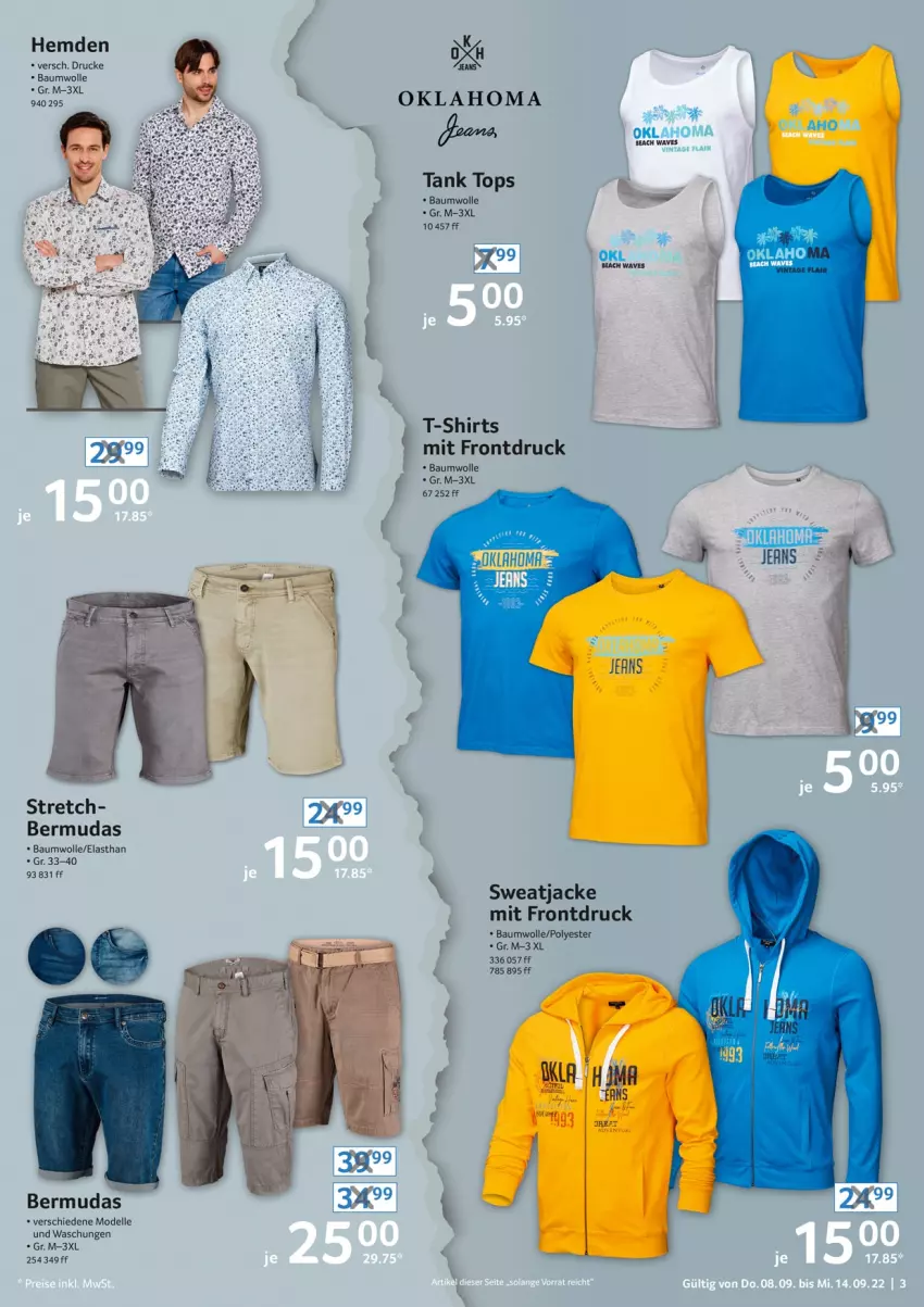 Aktueller Prospekt Selgros - Nonfood - von 08.09 bis 14.09.2022 - strona 3 - produkty: Bau, baumwolle, bermuda, bermudas, dell, elle, hemd, hemden, Jacke, Mode, shirt, shirts, sweatjacke, T-Shirt, wolle