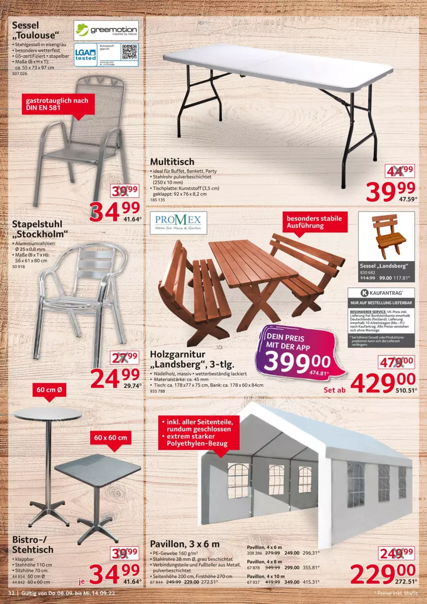 Aktueller Prospekt Selgros - Nonfood - von 08.09 bis 14.09.2022 - strona 32 - produkty: Bank, braun, eis, elle, garnitur, Garten, greemotion, Holz, HP, lack, latte, LG, mam, pavillon, reis, Ria, sessel, Sitzhöhe, stapelstuhl, stuhl, teller, Ti, tisch, tischplatte